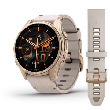 GARMIN Fenix 8S AMOLED Ø43 Sapphire, Soft gold med Fog Gray læderrem