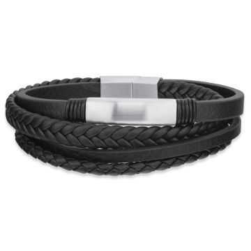 Force armbånd med 4 rækker i sort læder med stållås 