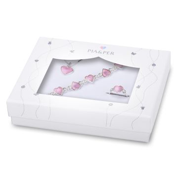 Pia & Per hjerte gavesæt med børnesmykker i sølv, rosa