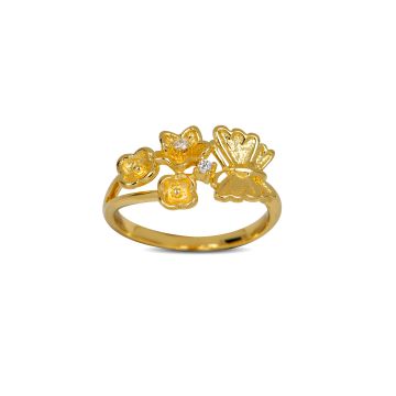 Blossom Copenhagen Love and Joy ring med sommerfugl og blomster i guldbelagt med zirkonia