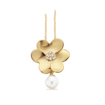 Scrouples blomster vedhæng i forgyldt med zirkonia og perle - inkl. halskæde