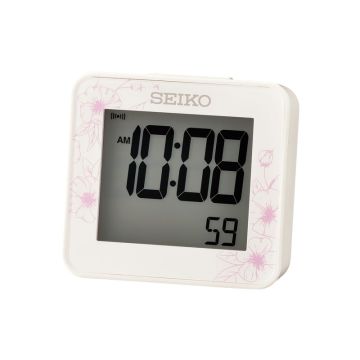 SEIKO digitalt vækkeur med bip-alarm, hvid med lyserøde blomster