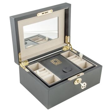 Smykkeskrin i grå kunstlæder med nøglelås