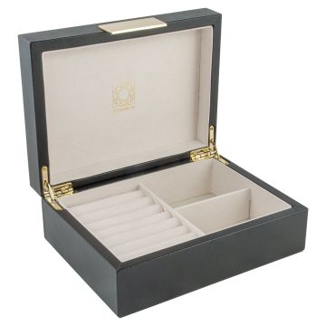 Smykkeskrin i sort kunstlæder og guld magnetlås