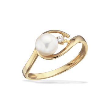 Scrouples ring i 8 kt guld med perle og cubic zirkonia