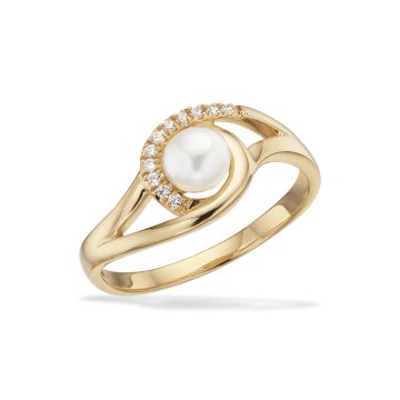Scrouples ring i 8 kt guld med perle og cubic zirkonia