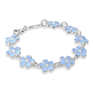 Pia & Per børnearmbånd med blomster i sølv, lys blå