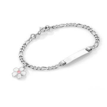 Pia & Per børne ID armbånd i sølv med blomst, hvid