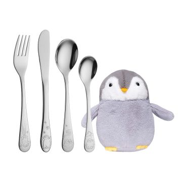 Barnebestik med pingvin i stål - inkl tøjdyr