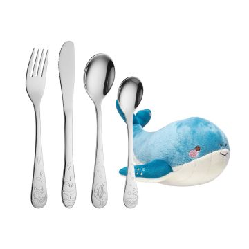 Barnebestik med hval i stål - inkl tøjdyr