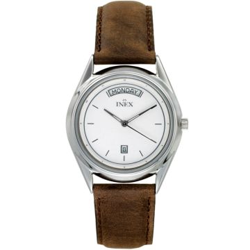 INEX dameur - stål med brun rem, dato og ugedag, hvid skive Ø 38