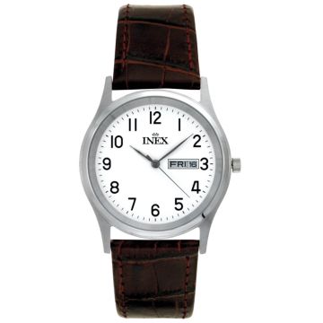 INEX herreur - stål med brun rem, hvid skive og dato+ugedag