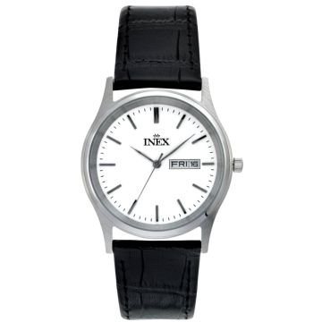 INEX herreur i stål med sort rem, hvid skive og dato+ugedag