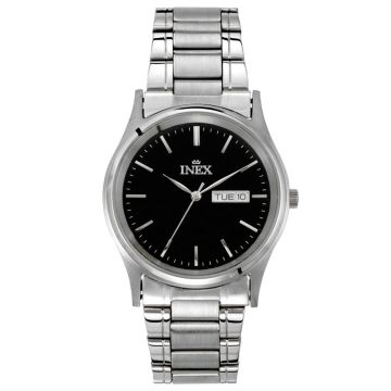 INEX herreur i stål med lænke, sort skive og dato+ugedag