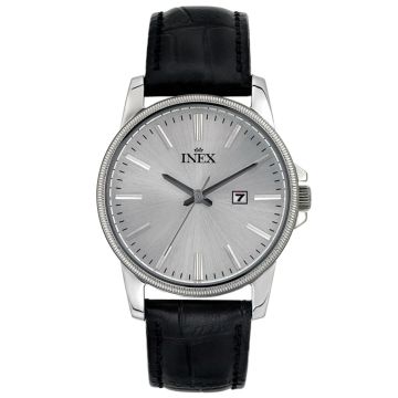 INEX dameur - stål med sort rem, sølv skive Ø 34