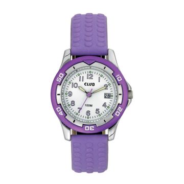 CLUB børneur - Chrom med hvid skive og lyselilla gummi rem