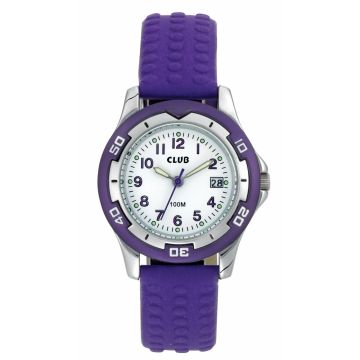 CLUB børneur - Chrom med lilla gummi rem