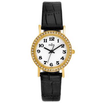 INEX dameur - double med sort rem, hvid skive med krystaller Ø 25