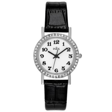 INEX dameur - chrom med sort rem, hvid skive med krystaller Ø 25