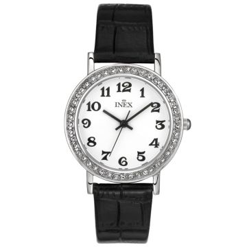 INEX krystal dameur- stål med læderrem, Ø 32