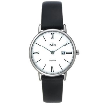 INEX dameur, Ø 30 stål med sort rem, hvid skive og dato
