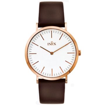 INEX herreur i rosaguld med brun rem, hvid skive Ø40