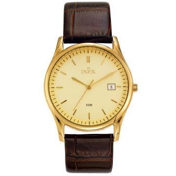 INEX herreur i guldfarvet stål med brun rem, gylden skive og dato