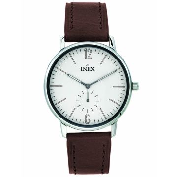 INEX armbåndsur - stål med brun rem, hvid skive, Ø 40