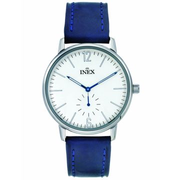 INEX armbåndsur - stål med blå rem, hvid skive, Ø 40