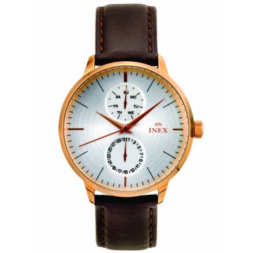 INEX armbåndsur- rosaguld med brun rem, sølv skive og dato + ugedag