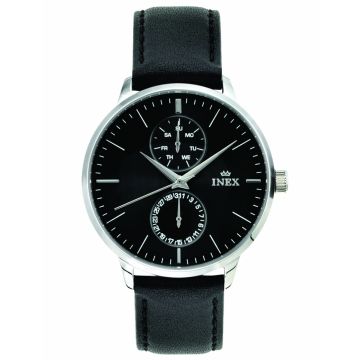 INEX herreur i stål med sort rem, sort skive og dato + ugedag