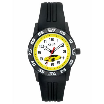 Club børneur gul bil med sort rem, 10 atm