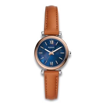 Fossil Carlie Mini dameur med blå skive og brun læderrem