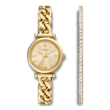 Fossil Carlie guldfarvet ur og armbånd, smykkesæt