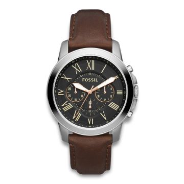 FOSSIL Grant chronograph armbåndsur i stål med sort skive og brun læderrem