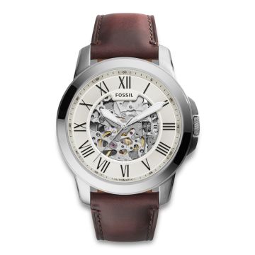 FOSSIL Grant automatic armbåndsur i stål med cremehvid skive og brun læderrem