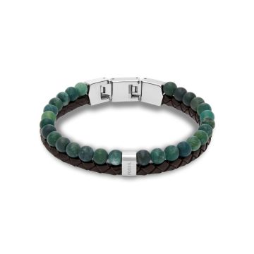 Fossil Beads armbånd i flettet læder og grønne sten