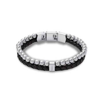 Fossil Beads armbånd med stålkugler og flettet læder