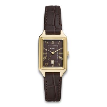 Fossil Raquel firkantet dameur i guldfarvet med brun rem