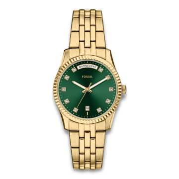 Fossil Scarlette ur i guldfarvet stål med grøn skive
