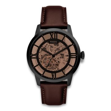 Fossil Townsman herre mekanisk ur sort stål med brun læderrem