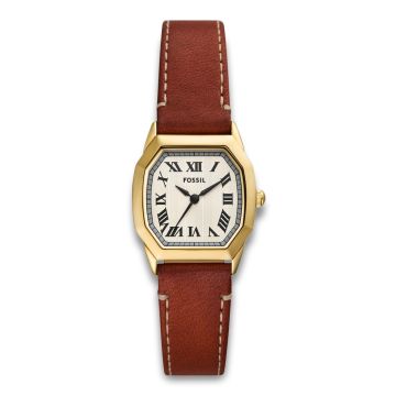 Fossil Harlow kantet dameur i guldarrvet med brun rem