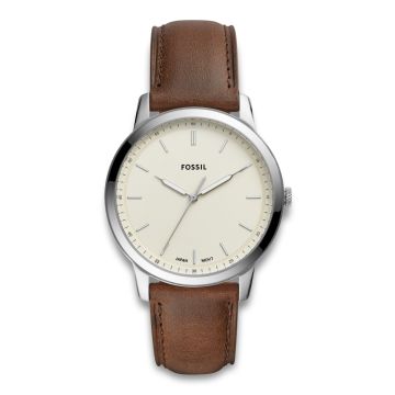 Fossil armbåndsur THE MINIMALIST med brun rem og cremehvid skive