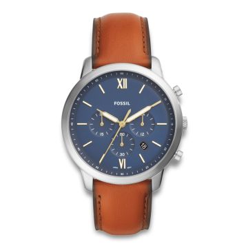 Fossil armbåndsur Neutra Chrono med blå skive og brun læderrem