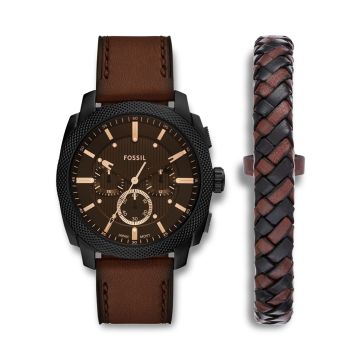 Fossil Machine herreur og flette armbånd i sort og brun
