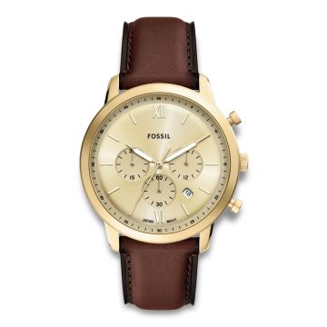 Fossil Neutra herreur i guldfarvet stål med brun læderrem
