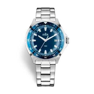 INEX [IS087] HERRE STÅL 10ATM M DATO LÆNKE BLÅ BEZEL