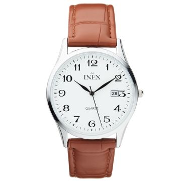 INEX armbåndsur i stål med arabertal - Brun læderrem