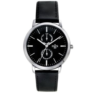 INEX herreur i stål med sort rem, sort skive og dato