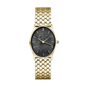 Rosefield The Oval dameur i guldfarvet med lænke og sort perlemorsskive - 24x29 mm